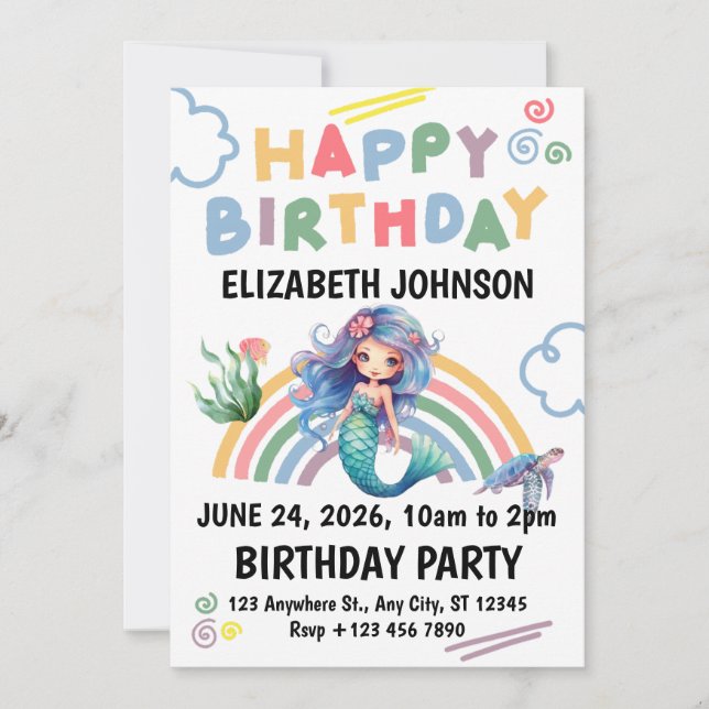 Invitación Blue Mermaid Birthday Party Invitation in White (Anverso)