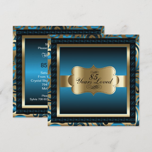 Invitación Blue Metallic & Gold - 85a fiesta de cumpleaños (Anverso / Reverso)