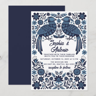 Invitación Blue Mexican Birds Otomi Floral Fiesta Wedding
