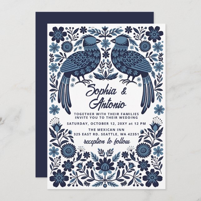 Invitación Blue Mexican Birds Otomi Floral Fiesta Wedding (Anverso / Reverso)