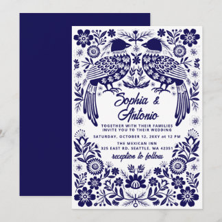 Invitación Blue Mexican Birds Otomi Floral Fiesta Wedding
