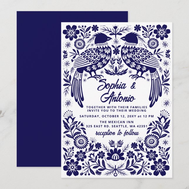 Invitación Blue Mexican Birds Otomi Floral Fiesta Wedding (Anverso / Reverso)