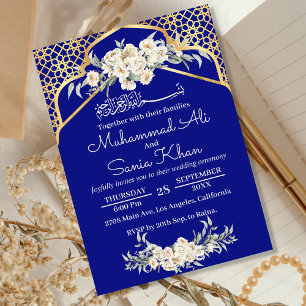 Invitación Blue Minimal Floral Gold Boda musulmana islámica