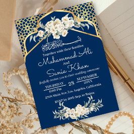 Invitación Blue Minimal Floral Gold Boda musulmana islámica