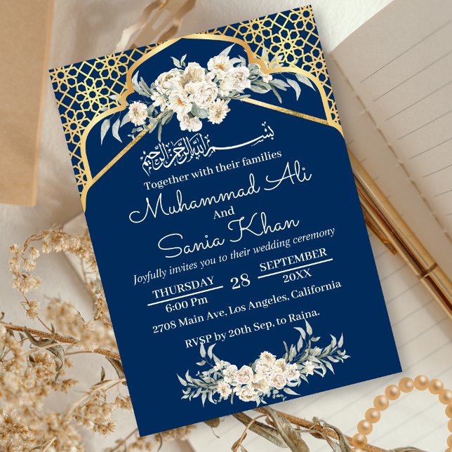 Invitación Blue Minimal Floral Gold Boda musulmana islámica (Subido por el creador)