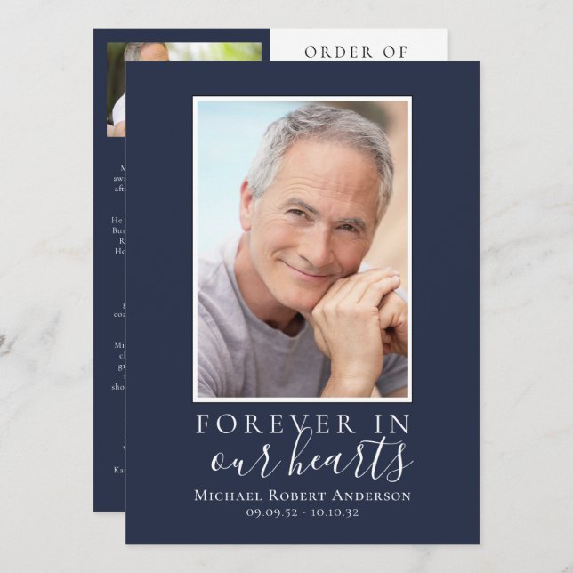 Invitación Blue Minimalist Photo Memorial Service Program (Anverso / Reverso)