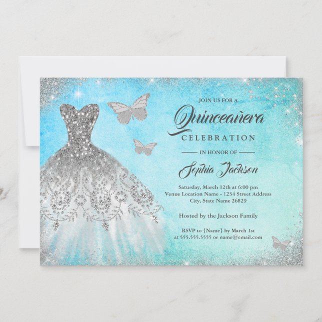 Invitación Blue Mint Sparkke Vestido Mariposa Quinceanera Inv (Anverso)
