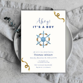 Invitación Blue Modern Ahoy es un Baby Shower de chicos náuti