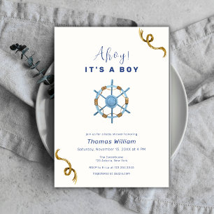 Invitación Blue Modern Ahoy es un Baby Shower de chicos náuti