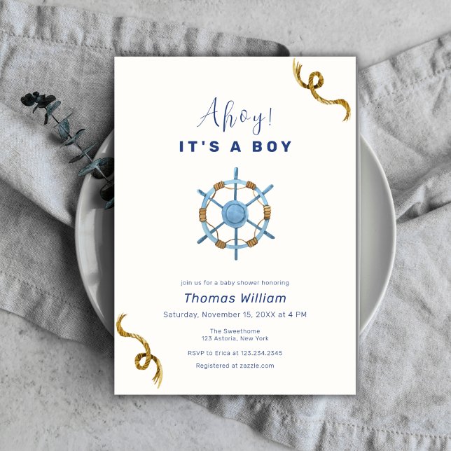 Invitación Blue Modern Ahoy es un Baby Shower de chicos náuti (Blue Modern Ahoy It's A Boy Nautical Baby Shower Invitation)