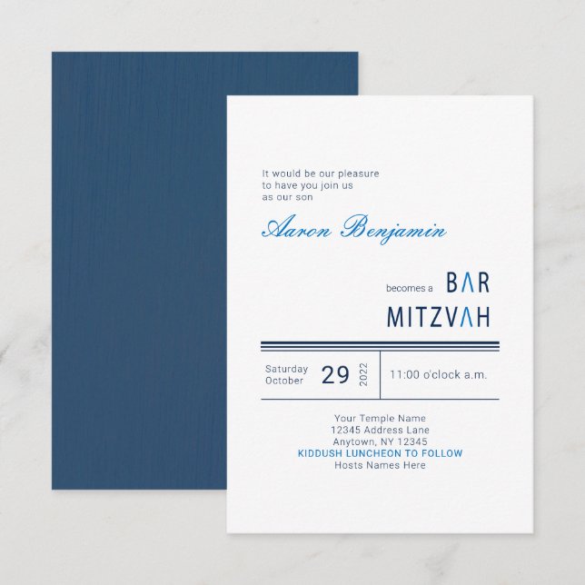 Invitación Blue Modern Bar Mitzvah (Anverso / Reverso)