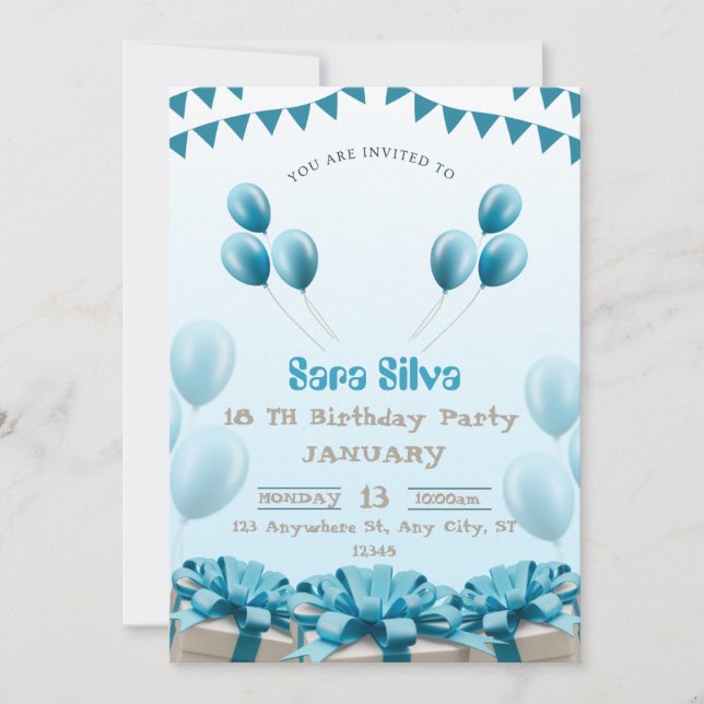 Invitación Blue Modern Birthday Invitation Card (Anverso)
