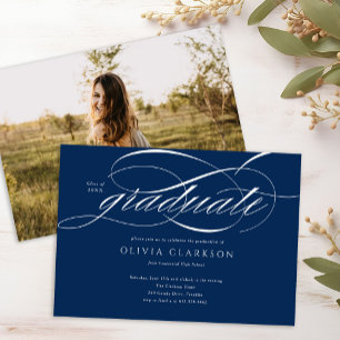 Invitación Blue Modern Elegant Script Photo Graduation Party