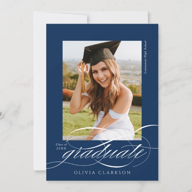 Invitación Blue Modern Elegant Script Photo Graduation Party (Anverso)