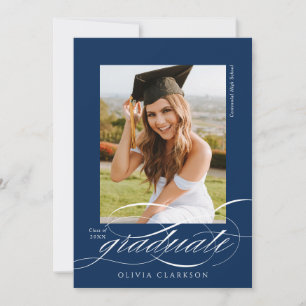 Invitación Blue Modern Elegant Script Photo Graduation Party