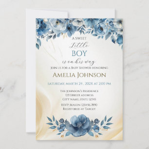 Invitación Blue Modern Floral Watercolor Baby Shower