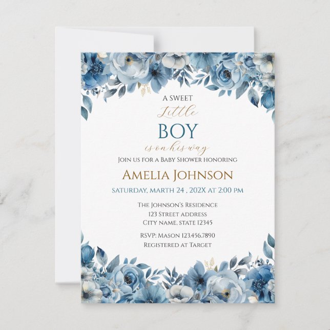 Invitación Blue Modern Floral Watercolor Baby Shower (Anverso)