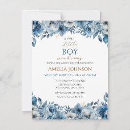 Invitación Blue Modern Floral Watercolor Baby Shower