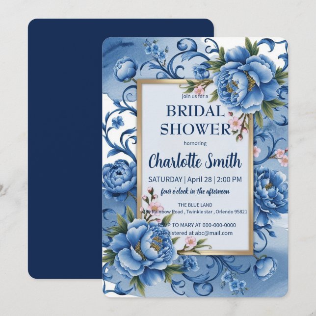 Invitación Blue Modern Peony antigua ducha de novia (Anverso / Reverso)