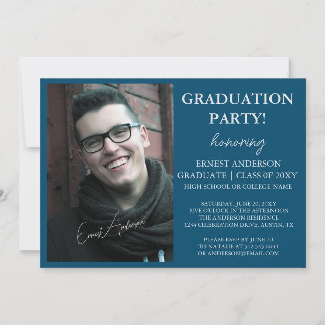 Invitación Blue Modern Photo Graduate Party (Anverso)