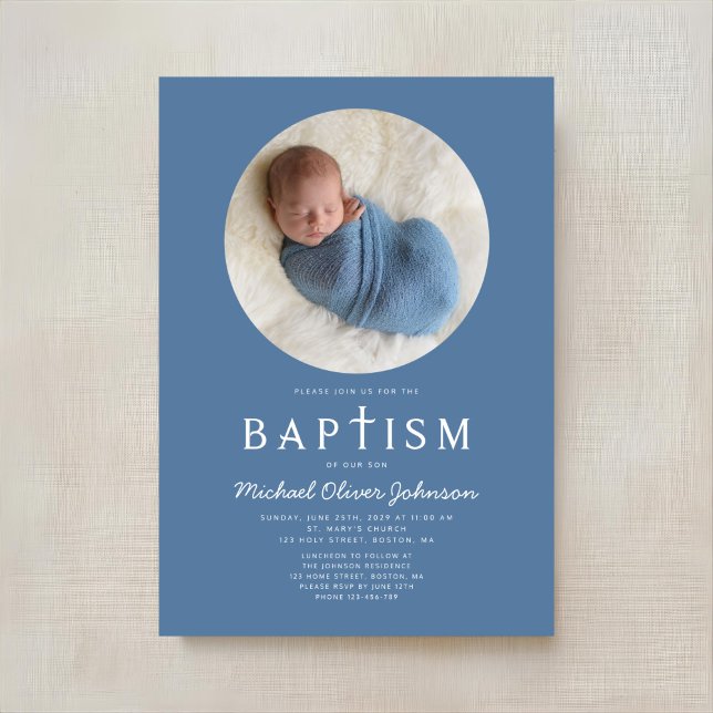 Invitación Blue Modern Religion Cross Photo Boy Baptism (Dusty Blue Modern Boy Photo Baptism Invitation)