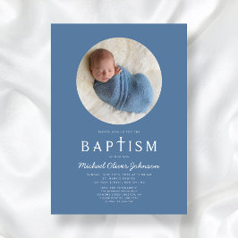 Invitación Blue Modern Religion Cross Photo Boy Baptism