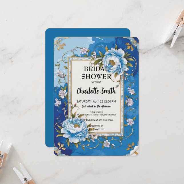 Invitación Blue Modern Rosa antiguo ducha de novia (Anverso/Reverso In Situ)