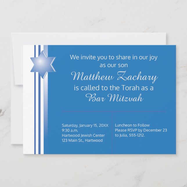 Invitación Blue Modern Star Bar Mitzvah (Anverso)