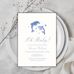 Invitación Blue Modern Under Sea Dolphin Baby Shower