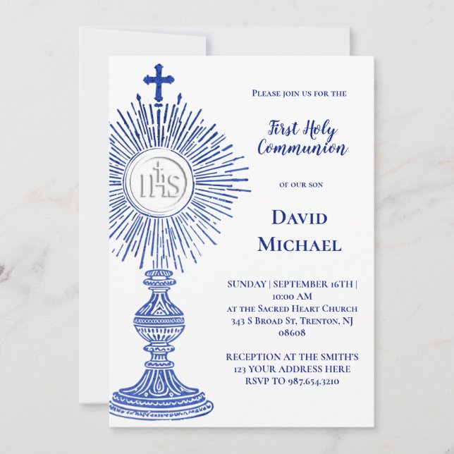 Invitación blue monstrance design | First Holy Communion (Anverso)