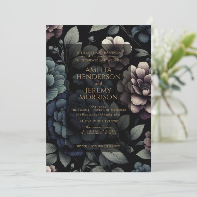 Invitación Blue Moody Floral (Anverso de pie)