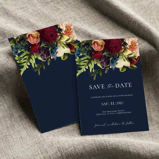Invitación Blue Moody Floral Burgundy Wedding Save the Date (Subido por el creador)