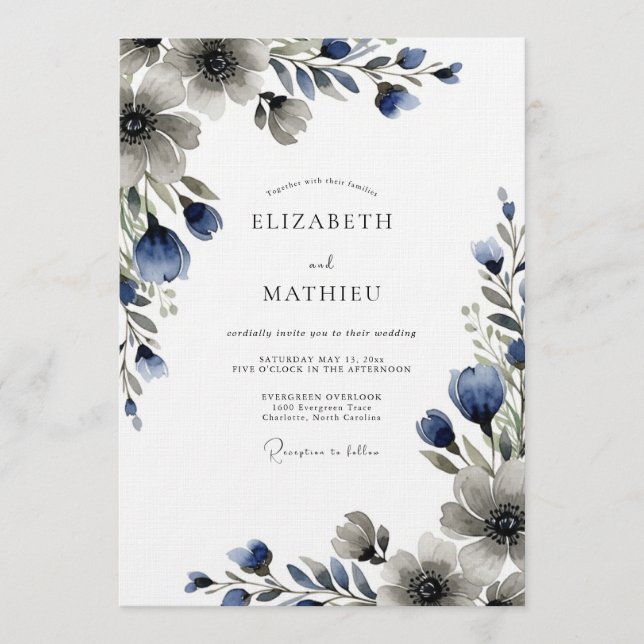 Invitación Blue Moody Floral Wedding (Anverso)