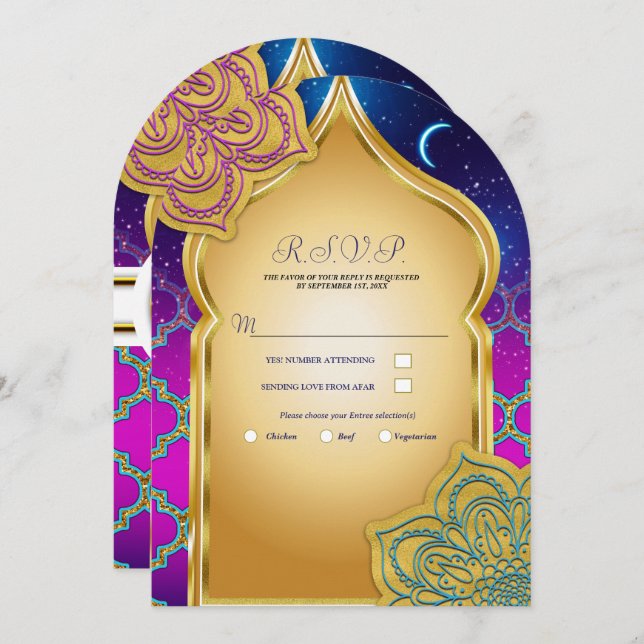 Invitación Blue Moon Arabian Nights Glam Gold Purple RSVP (Anverso / Reverso)