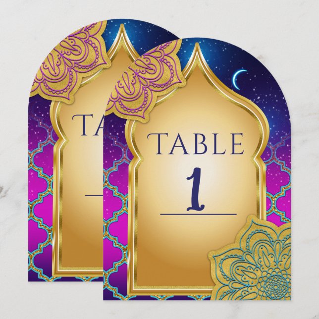 Invitación Blue Moon Arabian Nights Glam Gold Table Number (Anverso / Reverso)