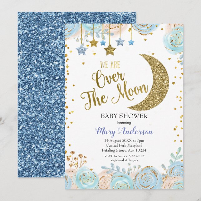 Invitación Blue Moon y Star Baby Shower (Anverso / Reverso)