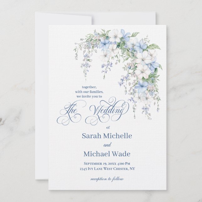 Invitación Blue Morning Glory Calligraphy Wedding Invitation (Anverso)