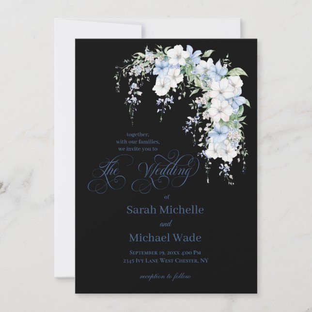Invitación Blue Morning Glory Calligraphy Wedding Invitation (Anverso)