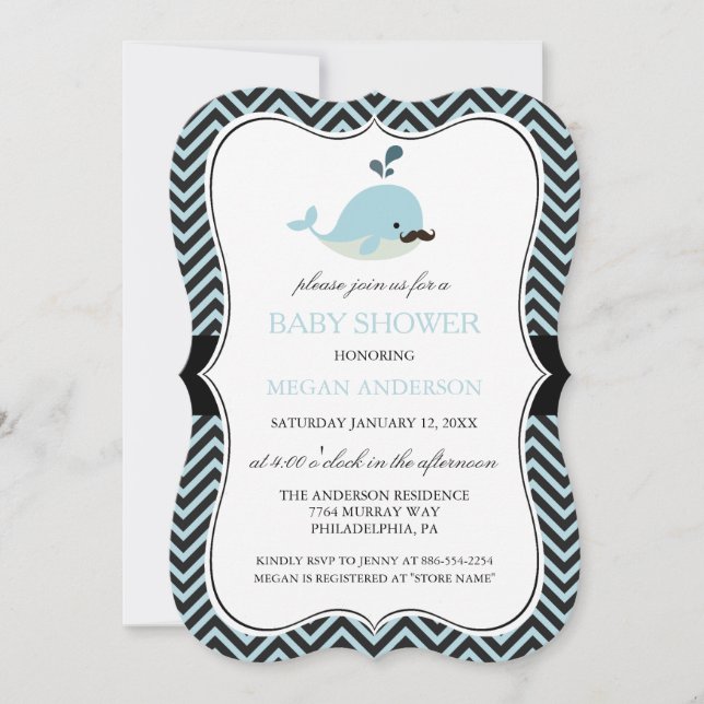 Invitación Blue Mustache Whale Chevron Boy Baby Shower (Anverso)
