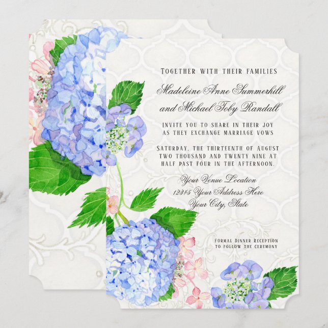 Invitación Blue n Pink Hydrangeas Watercolor Floral Arabesque (Anverso / Reverso)