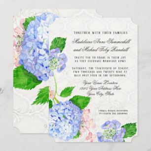 Invitación Blue n Pink Hydrangeas Watercolor Floral Arabesque