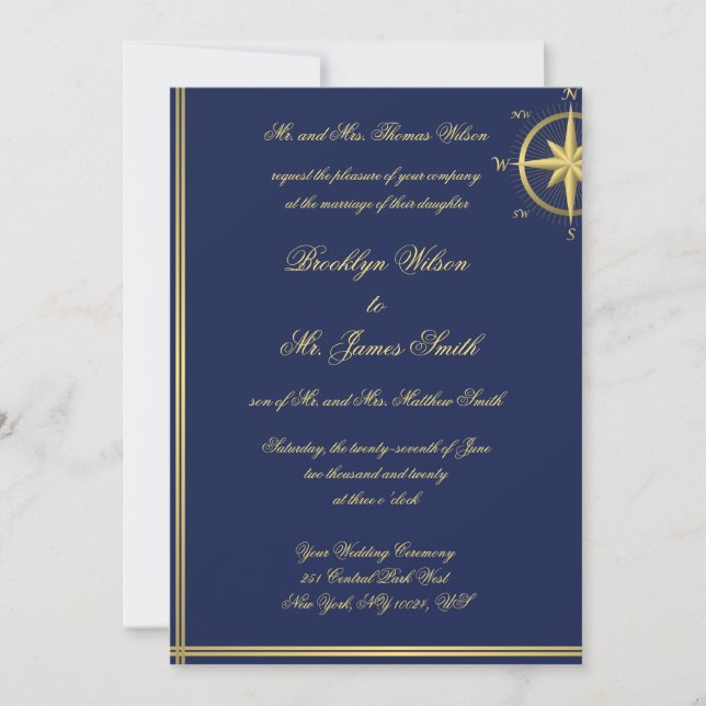 Invitación Blue Nautical Wedting Gold Compass (Anverso)
