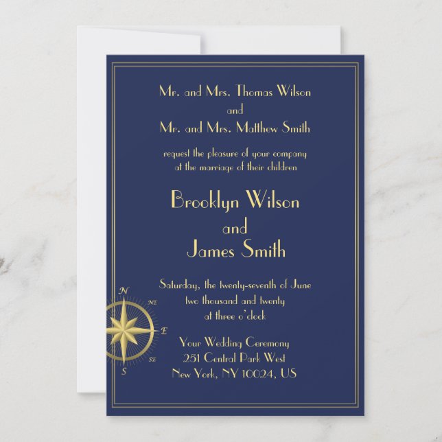 Invitación Blue Nautical Wedting Gold Compass (Anverso)
