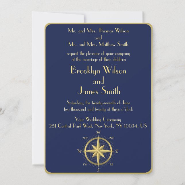 Invitación Blue Nautical Wedting Gold Compass (Anverso)