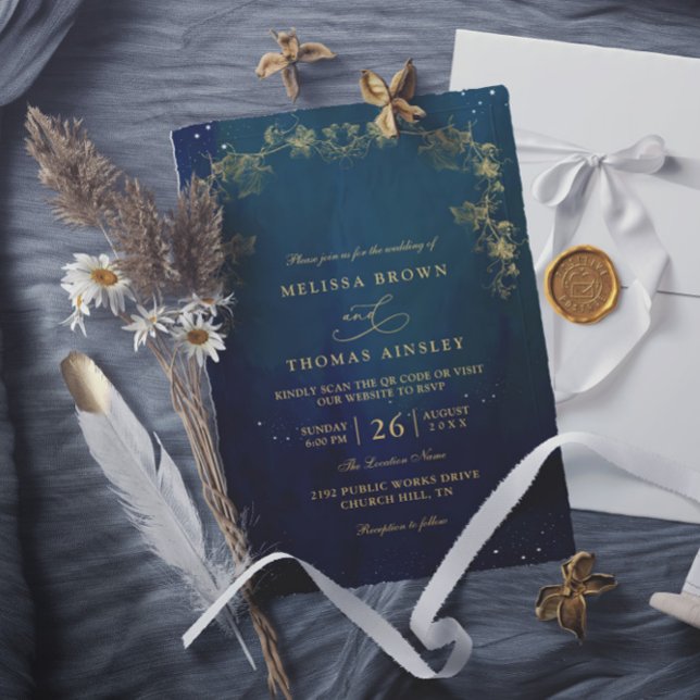 Invitación Blue Navy and Green Enchanting QR Code Wedding (Subido por el creador)