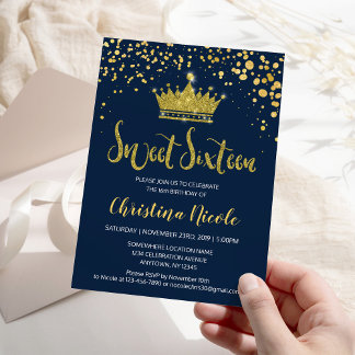 Invitación Blue Navy Gold Confetti Elegant Sweet 16