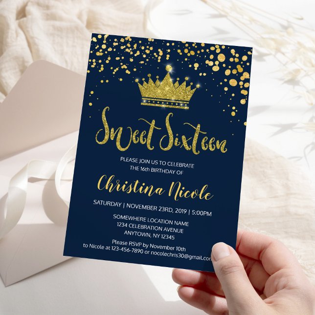 Invitación Blue Navy Gold Confetti Elegant Sweet 16 (Subido por el creador)