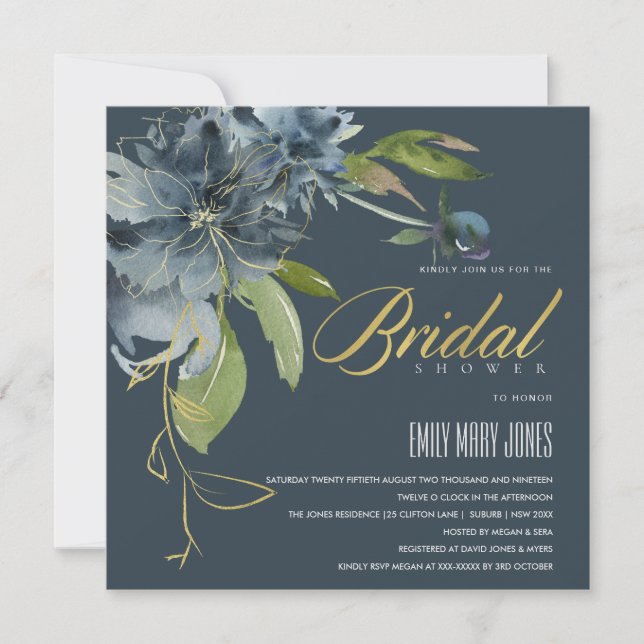 INVITACIÓN BLUE NAVY GOLD FLORAL BOHO BLOOMS BRIDAL DUCHA (Anverso)