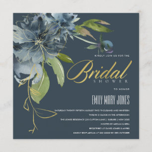 INVITACIÓN BLUE NAVY GOLD FLORAL BOHO BLOOMS BRIDAL DUCHA