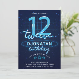 Invitación Blue Neon 12th Birthday Party Let's Glow Crazy